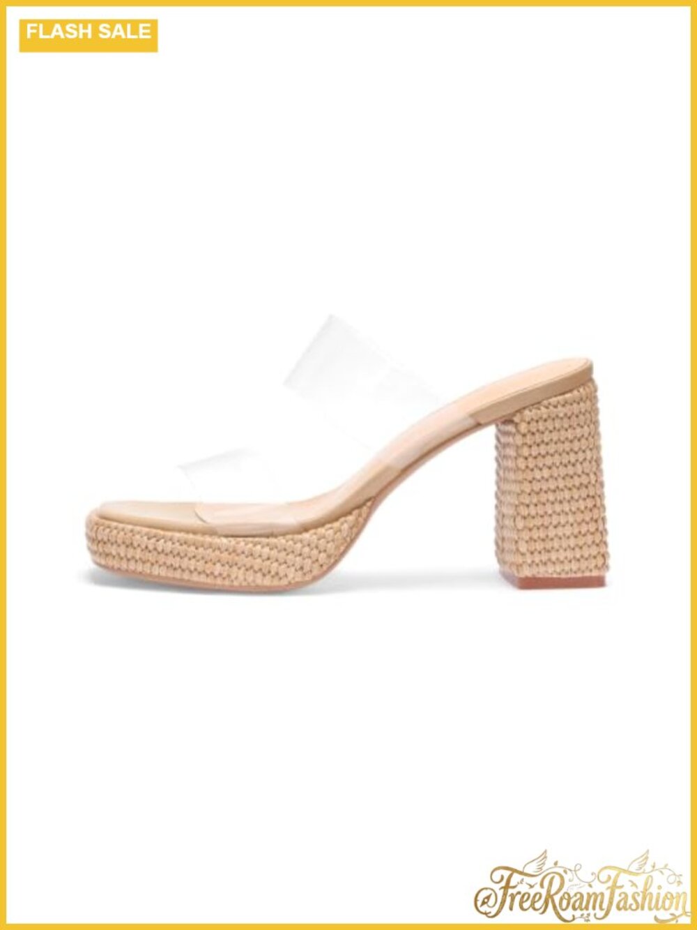 Raffia Heeled Sandals Slip On Open Toe Chunky Platform Woven Double Strap